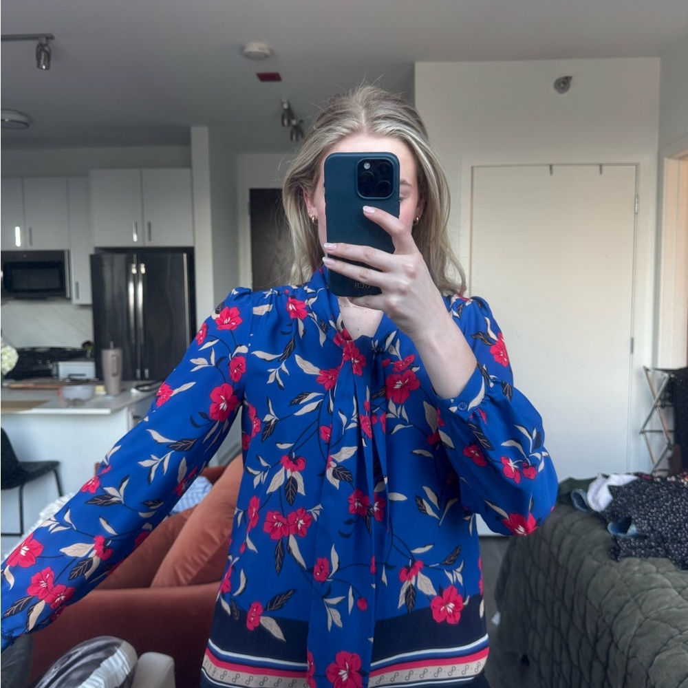 Ann Taylor Blue Blouse with Red Floral Design